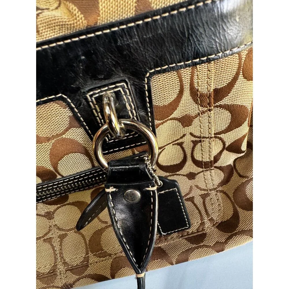 Coach Signature C Tote Bag Khaki Brown Black Leather Trim With Wristlet F14686 - Picture 5 of 8